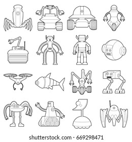 Robot forms icons set. Outline illustration of 16 robot forms vector icons for web