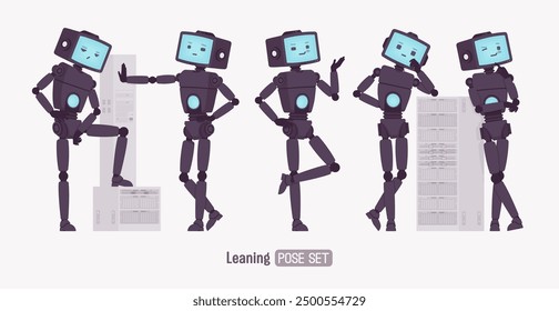 Robot amigo inteligente lindo AI tecnología chat bot stand lean pose set, cuerpo retro negro, asistente de inteligencia artificial, ayudante interactivo en línea, CRT pantalla de la cabeza cara. Ilustración vectorial