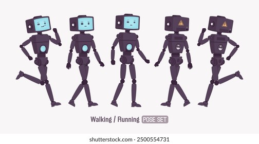 Robot amigo inteligente lindo AI tecnología chat bot run, caminar pose set, cuerpo retro negro, asistente de inteligencia artificial, ayudante interactivo en línea, CRT pantalla de la cabeza cara. Ilustración vectorial