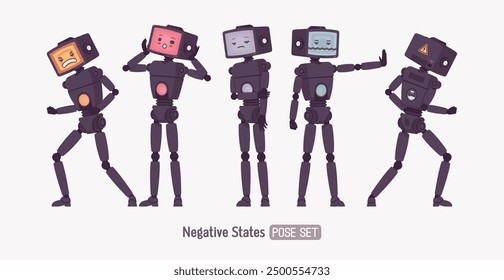 Robot amigo inteligente lindo AI tecnología chat bot conjunto infeliz, cuerpo retro negro, asistente de inteligencia artificial, ayudante interactivo en línea, CRT cabeza de la computadora cara de pantalla de color. Ilustración vectorial