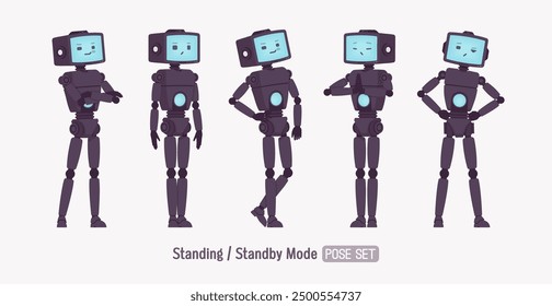 Robot amigo inteligente lindo AI tecnología chat bot de pie pose set, cuerpo retro negro, asistente de inteligencia artificial, ayudante interactivo en línea, CRT pantalla de la cabeza cara. Ilustración vectorial