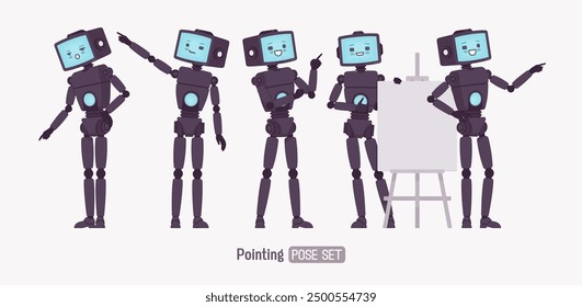 Robot amigo inteligente lindo AI tecnología chat bot apuntando pose set, cuerpo retro negro, asistente de inteligencia artificial, ayudante interactivo en línea, CRT pantalla de la cabeza cara. Ilustración vectorial