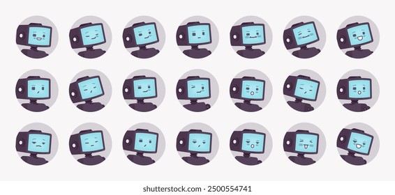 Robot amigo inteligente lindo AI tecnología chat bot avatar set, CRT computadora retro cabeza pantalla sate, Paquete de sensaciones, iconos de la cara, personaje del jugador sentimiento pic circles, expresión divertida. Ilustración vectorial