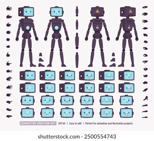 Robot friend smart cute AI technology chat bot DIY character creation set, male retro body figure part details. Head, leg, hand gestures, monitor state emotions, construction kit. Vector illustration