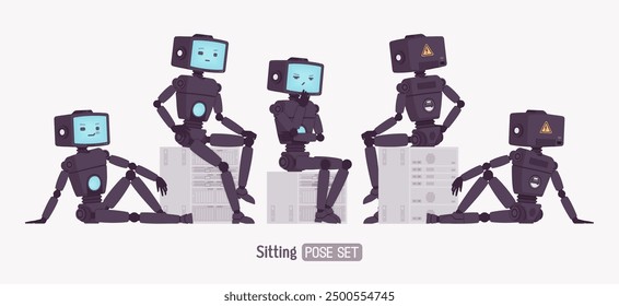 Robot amigo inteligente lindo AI tecnología chat bot sentado pose set, cuerpo retro negro, asistente de inteligencia artificial, ayudante interactivo en línea, CRT cabeza pantalla cara. Ilustración vectorial