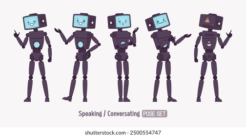 Robot amigo inteligente lindo AI tecnología de chat bot hablar, conjunto de pose de conversación, cuerpo retro negro, asistente de inteligencia artificial, ayudante interactivo en línea, CRT cara de pantalla de la cabeza de la computadora. Ilustración vectorial