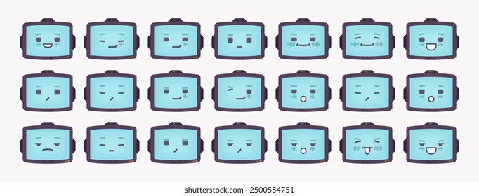 Robot amigo inteligente lindo AI tecnología chat bot emoción conjunto, Paquete de pantalla de cabeza retro de computadora CRT, monitorear diferentes iconos de expresión facial agradable, sentimiento, contraste de estado emocional. Ilustración vectorial