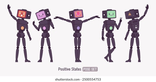 Robot amigo inteligente lindo AI tecnología chat bot feliz conjunto, cuerpo retro negro, asistente de inteligencia artificial, ayudante interactivo en línea, CRT cabeza de la computadora cara de pantalla de color. Ilustración vectorial