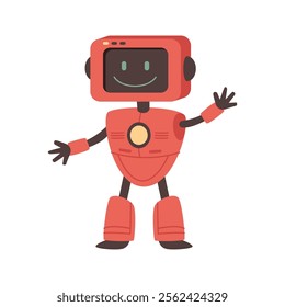 Robot with friendly facial expression smiling and waving. Vector isolated humanoid character from future, android machine with artificial intelligence. Helper or assistance in business service