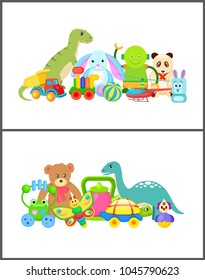 Robot and frog collection, kids toys dinosaur and panda, rabbit and teddy bear, teapot toys, set vector illustration isolated on white background