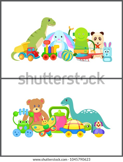 Robot and frog collection, kids toys dinosaur\
and panda, rabbit and teddy bear, teapot toys, set vector\
illustration isolated on white\
background