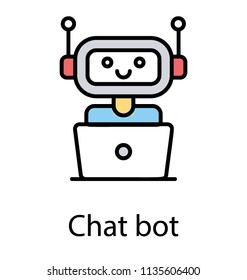 
A robot in front of laptop symbolising chatbot also known as a talkboat 
