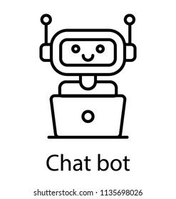 
A robot in front of laptop symbolising chatbot also known as a talkboat 

