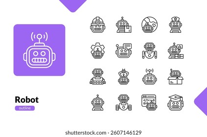 robot future artificial technology automation machine detailed outline line icon set