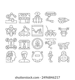 Robot Future Electronic Equipment Icons Set Vector. Military And Underwater Robot, Vacuum Cleaner And Cyborg, Nanorobot And Drone, Robotic Arm Doing Surgery Operation Contour Illustrations