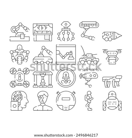 Robot Future Electronic Equipment Icons Set Vector. Military And Underwater Robot, Vacuum Cleaner And Cyborg, Nanorobot And Drone, Robotic Arm Doing Surgery Operation Contour Illustrations