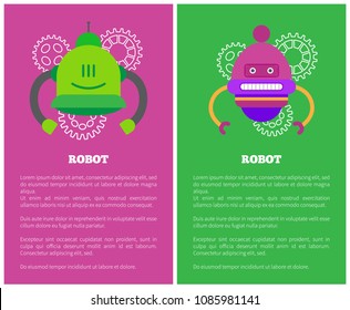Robot futuristic creatures set poster with headline and text sample easy to edit, droids and gear, vector illustration isolated on white