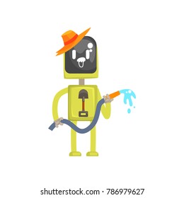 Robot gardener character, android standing with watering hose in its hands cartoon vector illustration