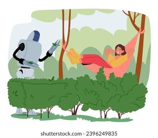 Robot Gardener Character Deftly Trims Shrubs With Its Mechanical Arms Scissors, Bringing Order To The Garden With Futuristic Efficiency And Tireless Diligence. Cartoon People Vector Illustration
