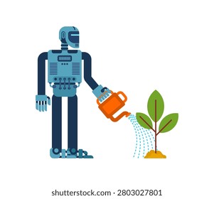 Robot gardener watering a small plant. Futuristic agriculture and technology concept, symbolizing eco-friendly innovation and automation in gardening.