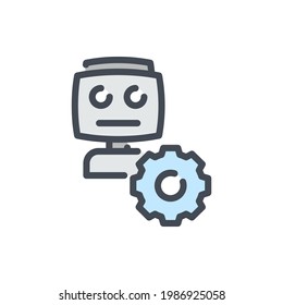 Robot with gear and chatbot settings color line icon. Bot and robot control vector outline colorful sign.