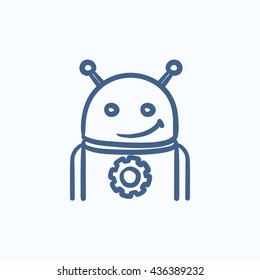 Robot with gear vector sketch icon isolated on background. Hand drawn Robot with gear icon. Robot with gear sketch icon for infographic, website or app.