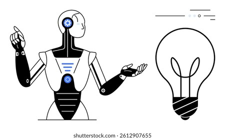 Robot with gears and lights in clear body gestures towards large light bulb. Ideal for innovation, robotics, AI, creativity, technology, automation, futuristic concepts. Line metaphor