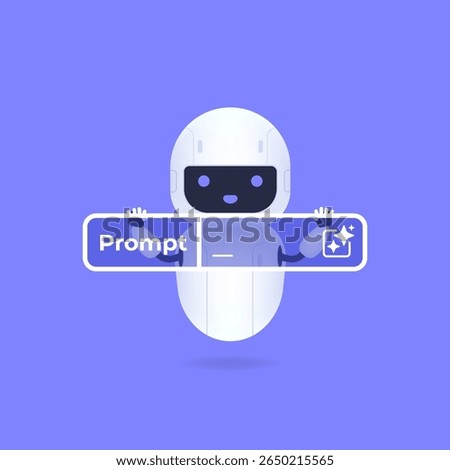 Robot with Generative AI prompt bar on a blue background in a digital and modern design cartoon illustration.