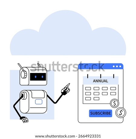 Robot with a gesture pointing at a subscription calendar marked Annual with a Subscribe button. Ideal for automation, AI, digital subscriptions, cloud services, technology, fintech, and futuristic