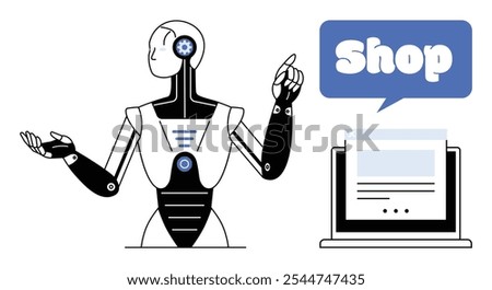 A robot gestures towards an online shopping computer interface with the word Shop in a speech bubble. Ideal for e-commerce, artificial intelligence, customer support, technology, and automation