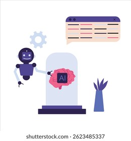 Robot gesturing at a brain in a glass container, ideal for futuristic technology concepts or artificial intelligence related content. Suitable for science fiction designs.