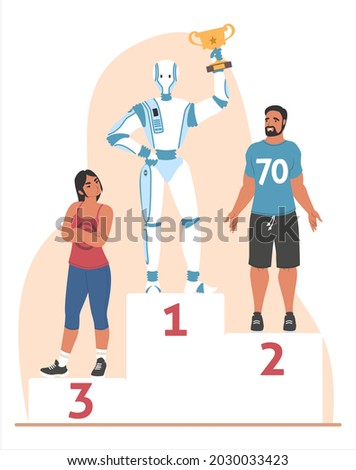 Robot getting first place and celebrating victory standing on winner pedestal with trophy cup, flat vector illustration. Robot machine winning competition. Artificial Intelligence concept.