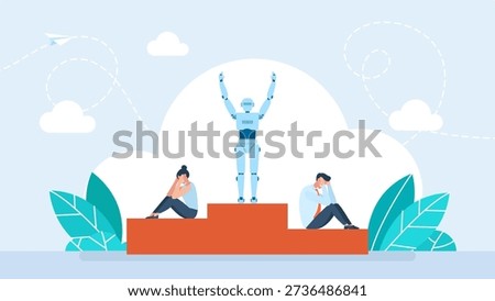 Robot getting first place and celebrating victory standing on pedestal. Podium competition between artificial intelligence and human. Robot machine winning competition. AI concept. Vector illustration