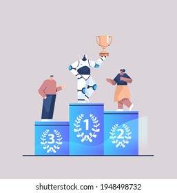 robot getting first place and trophy cup businesspeople loosing to automated machine artificial intelligence