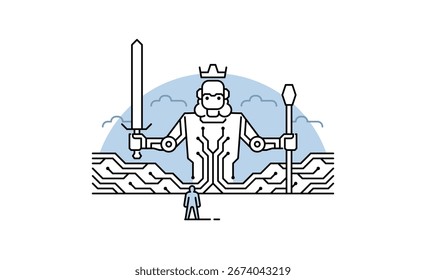 Ilustração simples vetor plana gigante da inteligência artificial dos robôs em estilo de contorno, simbolizando a segurança ética e de proteção da ia, bem como a ameaça de riscos associada com o mau viés escuro da ai.