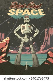 Robot Giant from Space, Retro Sci Fi Comic Book Style Illustration