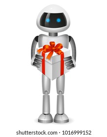 Robot with Gift Box isolated on white background