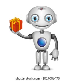 Robot with Gift Box isolated on white background