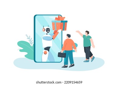 Roboter mit Geschenkbox auf dem Handy-Bildschirm flache Vektorgrafik. Glückliche Menschen, die Geschenkbox erhalten, Paket von Cyborg. Technologie, Lieferung, Überraschungskonzept für Banner, Website-Design oder Landing-Webseite