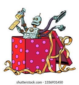 Robot gift cleaning company vacuum cleaner. Pop art retro vector illustration vintage kitsch