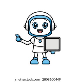 Robot girl assistant with tablet pointing at empty screen.