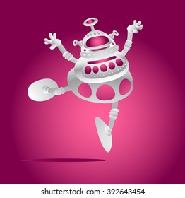 Robot girl ballerina is dancing and jumping on stage in the theater. The robot holds the balance and not fall.