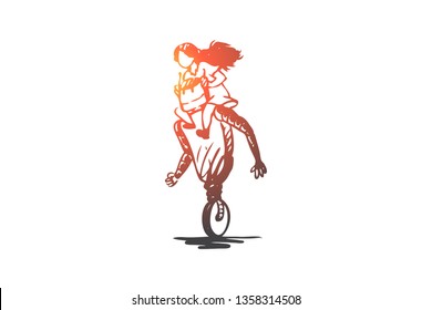Robot, girl, play, machine, technology concept. Hand drawn girl playing with robot concept sketch. Isolated vector illustration.