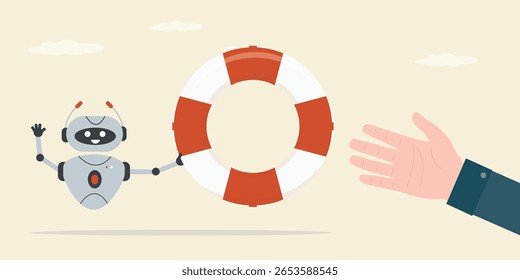 Robot give lifebuoy. Insurance, emergency service. Symbol of support for survival. Technologies helping humans. AI chat bot give red life preserver for user or customer. flat vector illustration