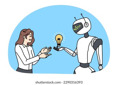 Robot give lightbulb to female employee offer productive business solution. Virtual assistant or cyborg help businesswoman with innovative idea or startup project. Innovation. Vector illustration.