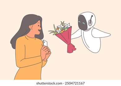 Robot da flores a la mujer y entrega ramo de regalo de novio en la víspera de San Valentín. Flying cyborg felicita a la niña el 8 de marzo y ofrece un hermoso ramo de flores silvestres