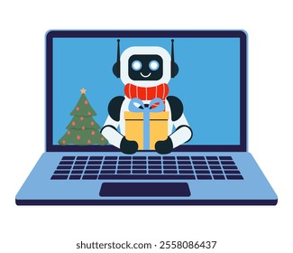 The robot gives a gift on the laptop monitor screen
