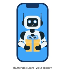 The robot gives a gift on the phone