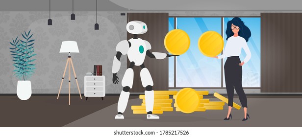 The robot gives a gold coin to the girl. The robot brings profit to the business. Vector.