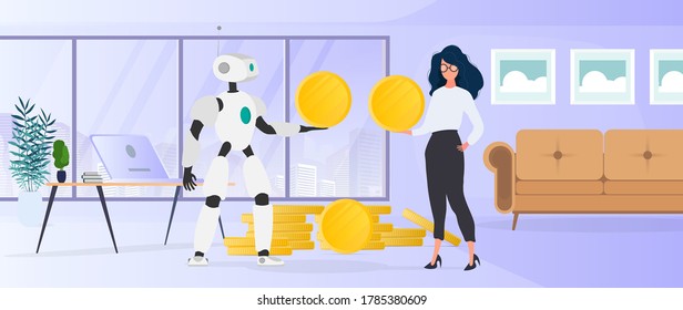 The robot gives a gold coin to the girl. The robot brings profit to the business. Vector.